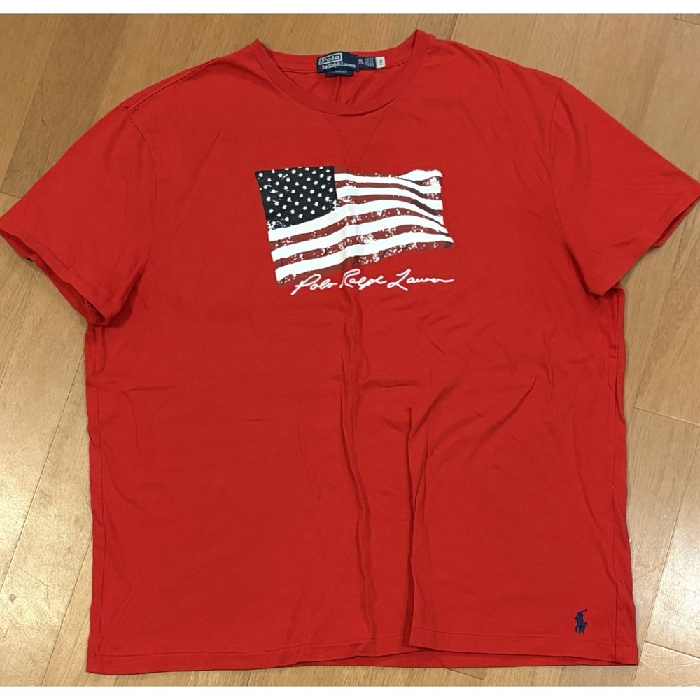 Polo Ralph Lauren Mens XXL Red Classic Fit American Flag Jersey T-Shirt USA EUC